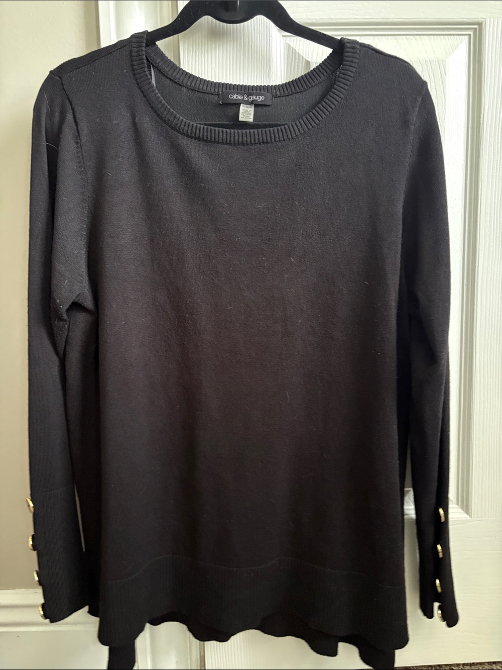 Cable & Gauge Black Crewneck Sweater with Gold Cuff Buttons